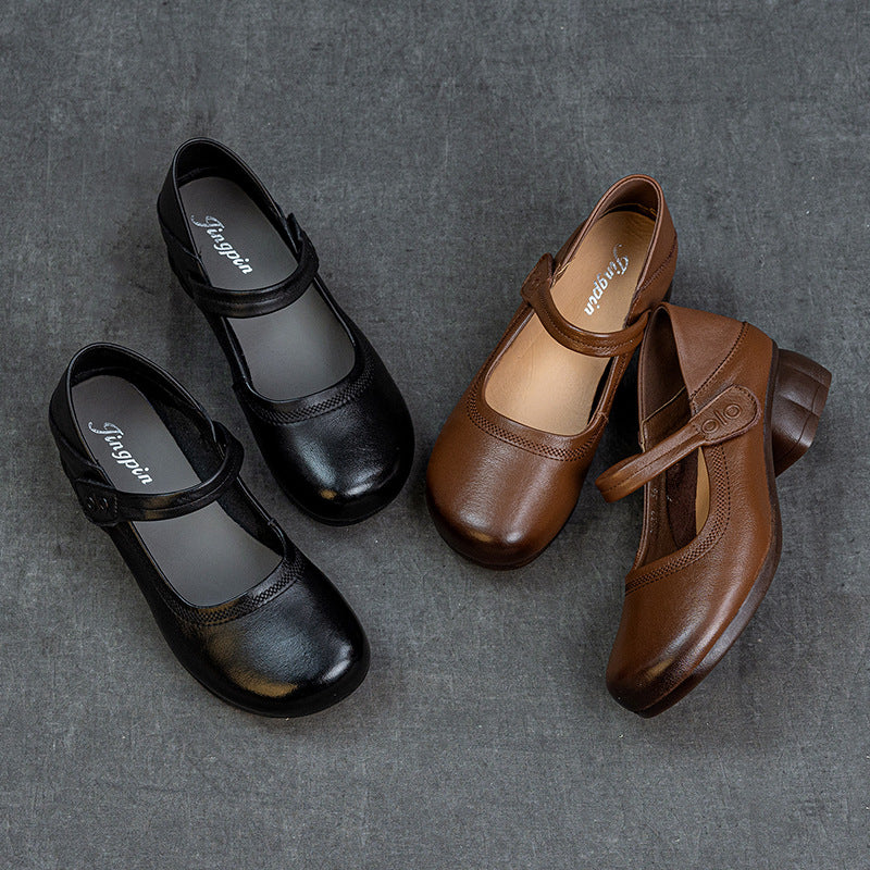Women's Leather Mary Janes - Round Toe Vintage Instep Strap Block Chunky Heel Pumps