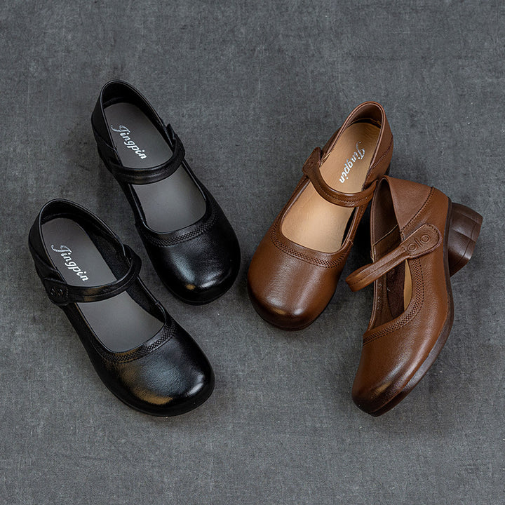 Women's Leather Mary Janes - Round Toe Vintage Instep Strap Block Chunky Heel Pumps