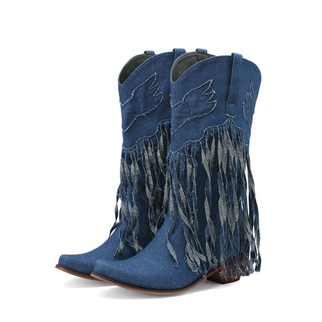 Womens Fringe Denim Western Cowboy Short Boots