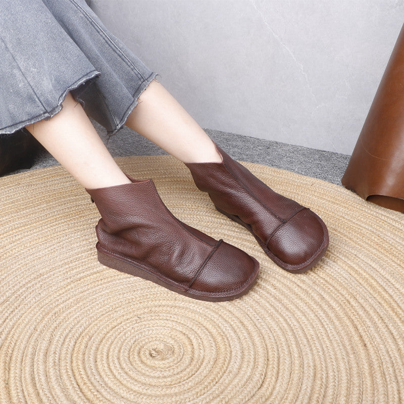 Women's Genuine Leather Ankle Boots Back Zipper Soft Flat Booties Casual Walking Shoes