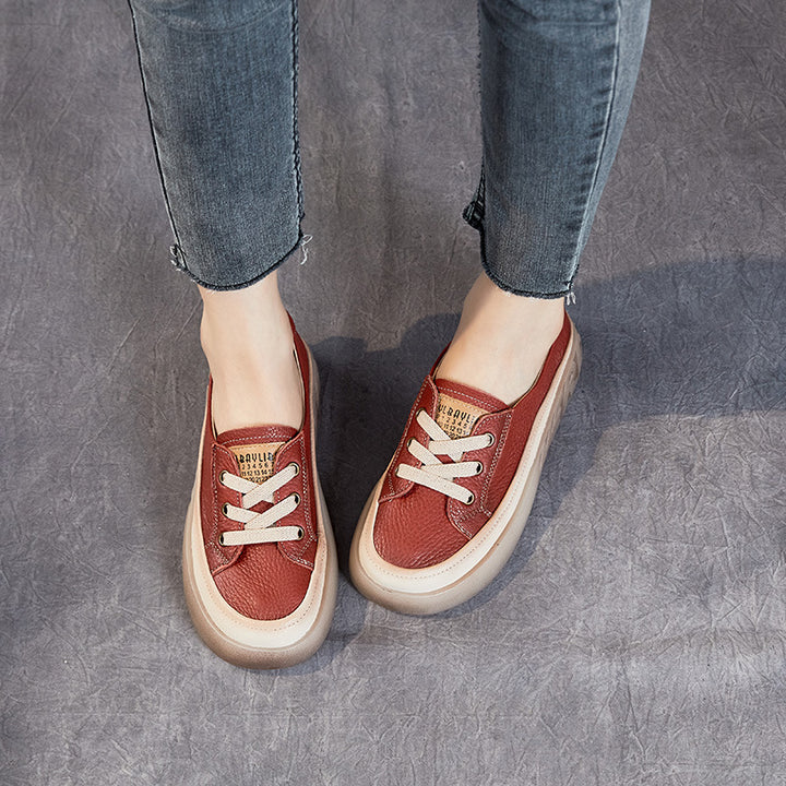Women's Leather Casual Sneakers - Slip-On Round Toe Loafers Elastic Lace Walking Shoes