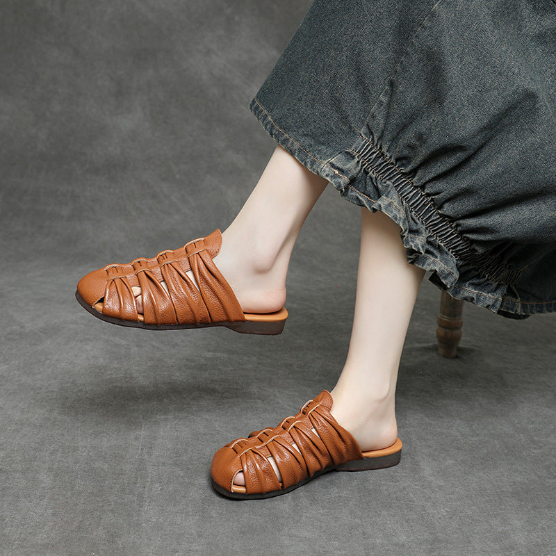 Women's Soft Leather Mules - Ruched Woven Closed Toe Flat Sandals Casual Slip-On Slide Slippers