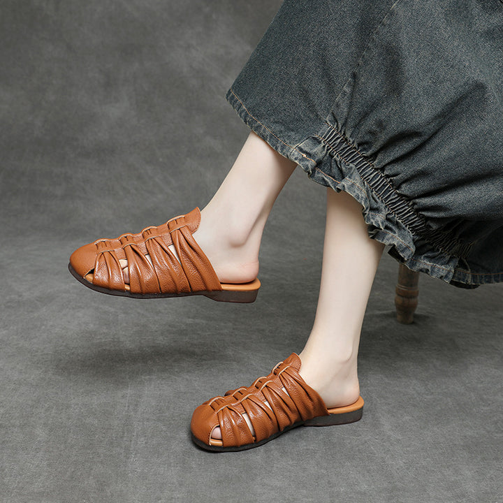 Women's Soft Leather Mules - Ruched Woven Closed Toe Flat Sandals Casual Slip-On Slide Slippers