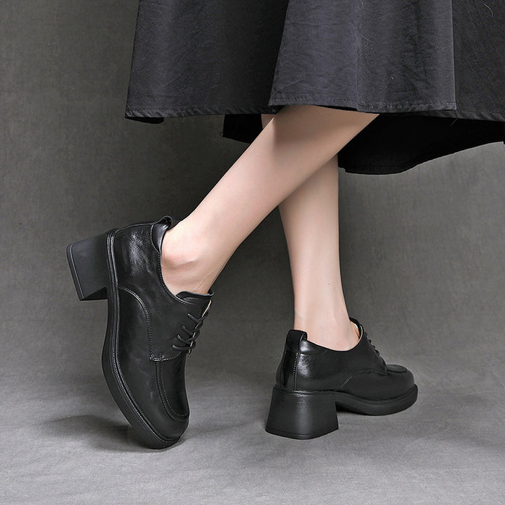 Women's Genuine Leather Oxford Shoes Chunky Mid Heel Lace Up Derby Pumps