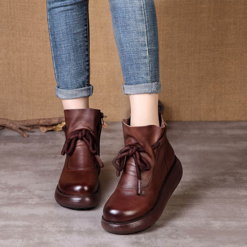 Women's Leather Ankle Boots - Platform Chunky Heel  Booties, Zipper Lace-up Fall Winter Shoes