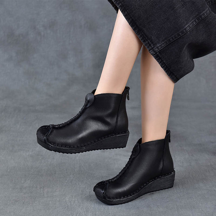 Women's Leather Ankle Boots - Vintage Wedge Low Heel Booties, Zipper Round Toe Stitching Fall Winter Shoes