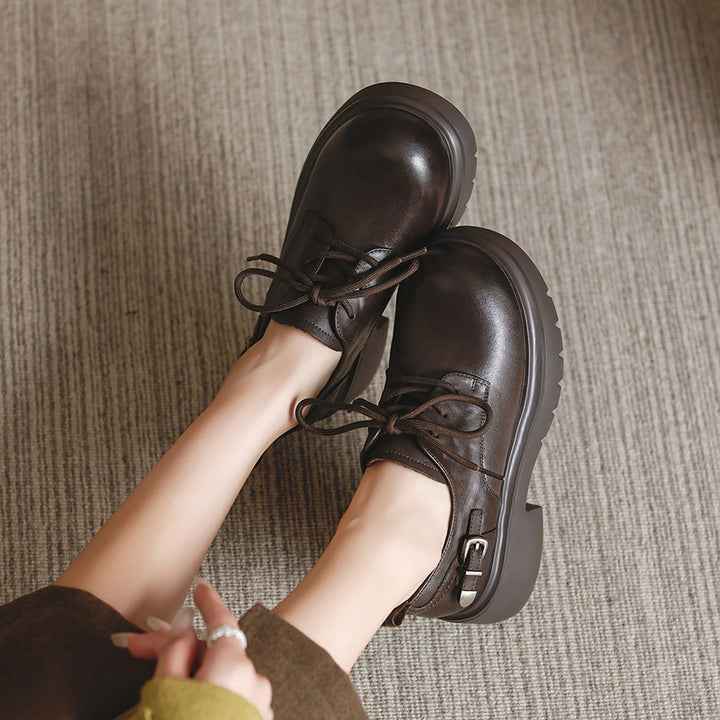 Women's Platform Genuine Leather Oxfords Buckle Lace Up Chunky Heel Shoes