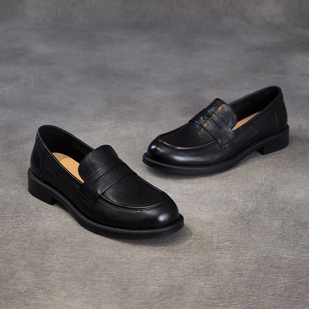 Women's Genuine Leather Penny Loafers Vintage Slip-on Round Toe Low Heel Shoes