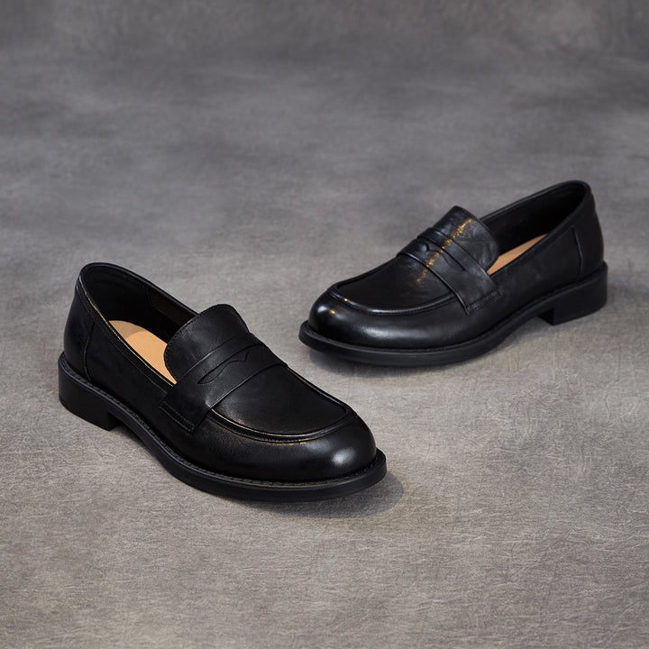 Women's Genuine Leather Penny Loafers Vintage Slip-on Round Toe Low Heel Shoes