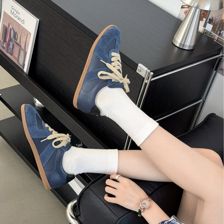 Women's Genuine Leather German Army Trainers Suede Patchwork Flat Sneakers Lace Up Casual Shoes