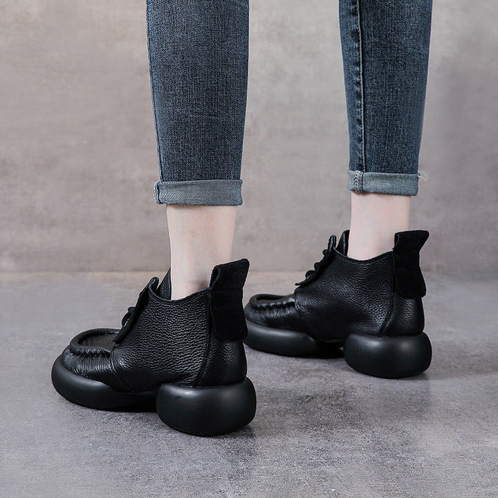 Women’s Soft Leather Lace-Up Ankle Boots – Thick Sole Casual Style