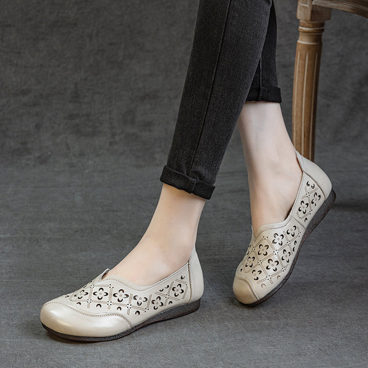 Women's Soft Leather Loafers - Hollow Out V-Neck Geometric Perforated Flats Round Toe Comfort Walking Shoes