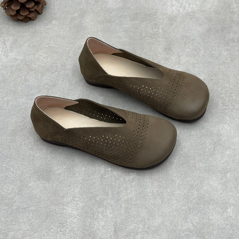 Women's Leather Perforated Loafers Retro V-Neck Slip-On Flats Ballet Flats Vintage Casual Summer Shoes