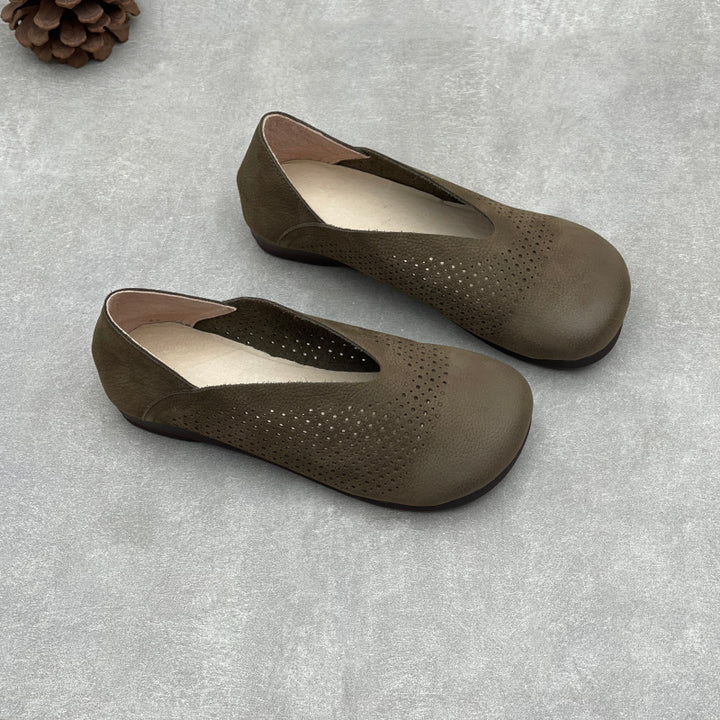 Women's Leather Perforated Loafers Retro V-Neck Slip-On Flats Ballet Flats Vintage Casual Summer Shoes