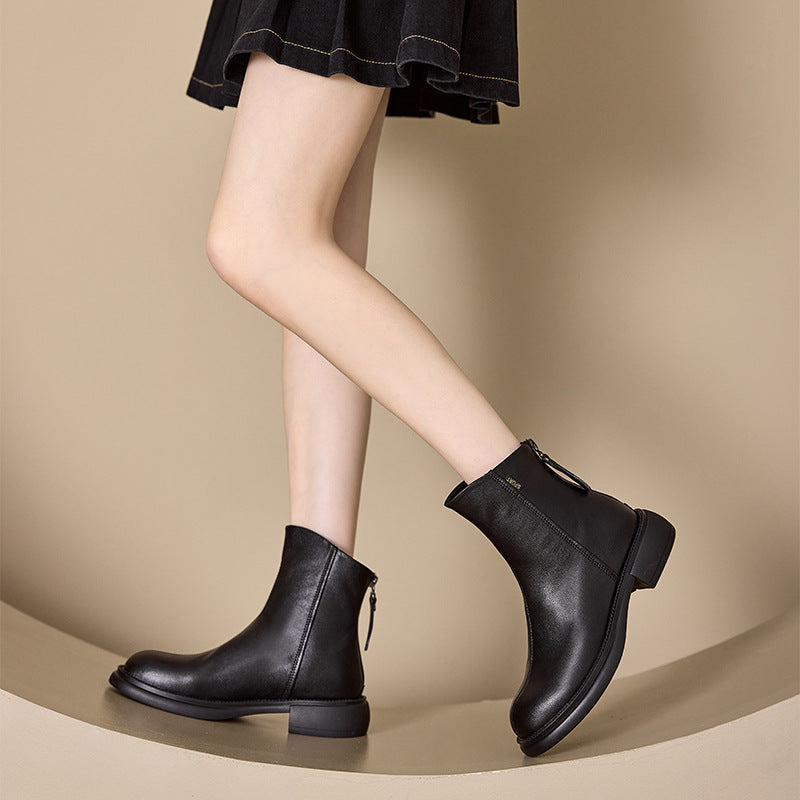 Women’s Leather Ankle Boots – Low Heel Back Zip Comfortable Casual Shoes