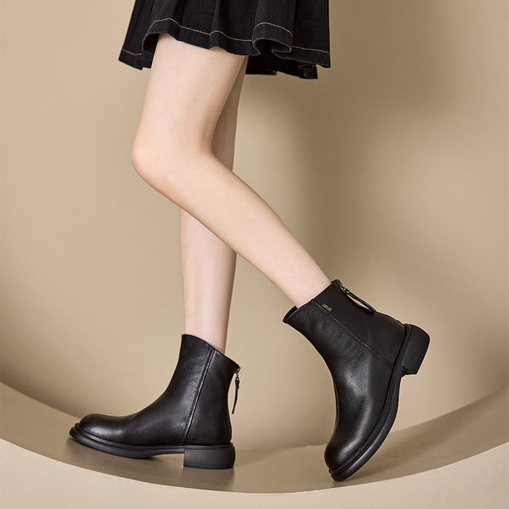Women’s Leather Ankle Boots – Low Heel Back Zip Comfortable Casual Shoes