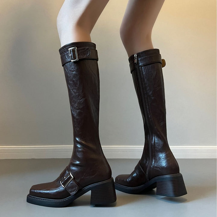 Women's Vintage Knee High Zipper Boots - Square Toe Buckle Strap Chunky Block Heel Riding Boots