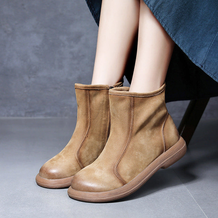 Women’s Leather Flat Ankle Boots – Comfortable Casual Side Zip Shoes