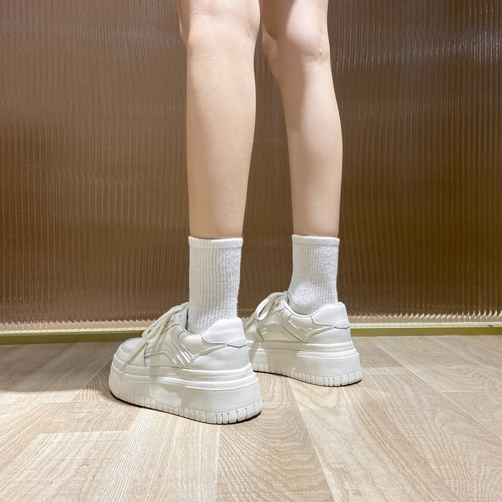 Women's Leather Thick Sole White Lace Up Casual Tennis Shoes