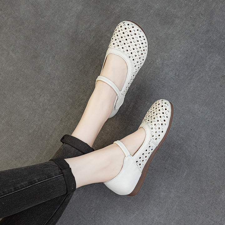 Women's Soft Leather Mary Jane Flats - Hollow Out Geometric Perforated Sandals Closed Toe Comfort Walking Shoes