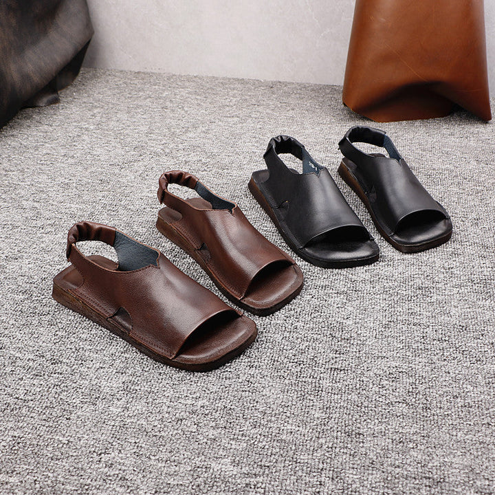 Women's Leather Flat Sandals - Minimalist Square Toe Slip-on Summer Shoes