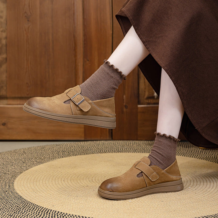 Vintage Leather Loafers - Women’s Round Toe Casual Flats with Adjustable Velcro Strap