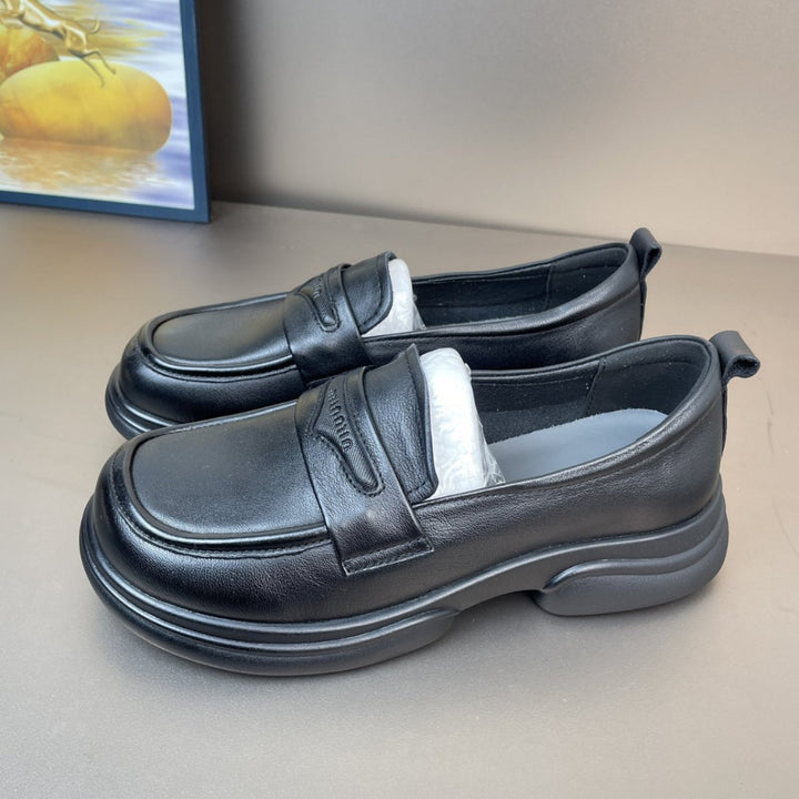 Women's Genuine Leather Penny Loafer Shoes Platform Slip On Round Toe Flats