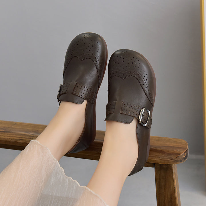 Women's Vintage Brogue Loafers Soft Cowhide Slip-on Mary Jane Flat Shoes