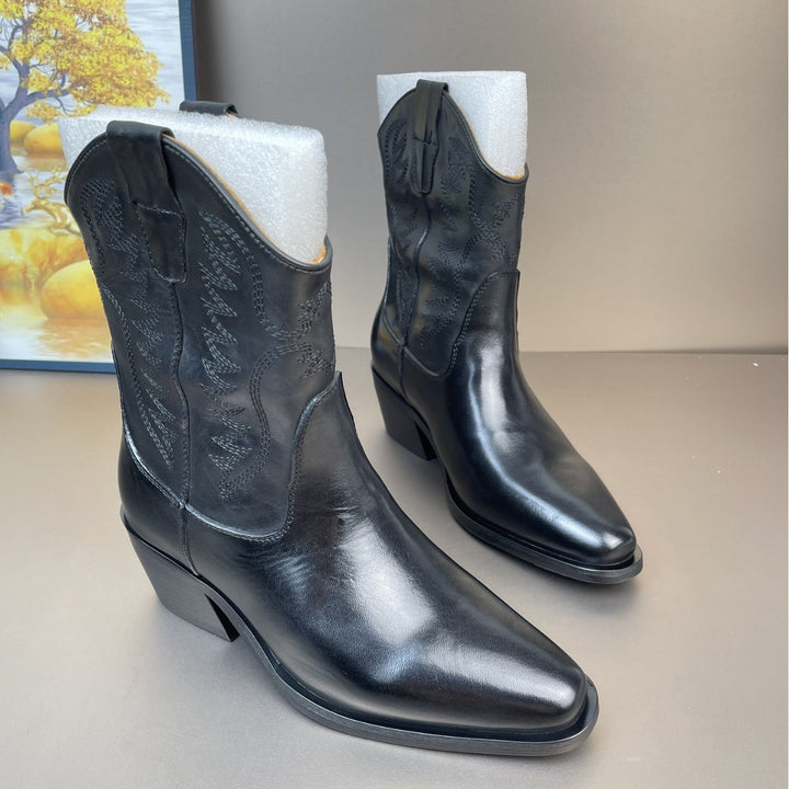 Women's Horsehide Western Cowboy Boots Embroidered Pointed Toe Chunky Heel Booties