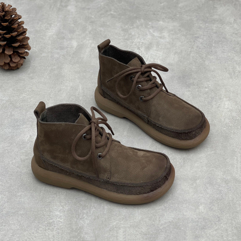 Women's Retro Leather Patchwork Boots – Lace-Up Soft Short Ankle Shoes