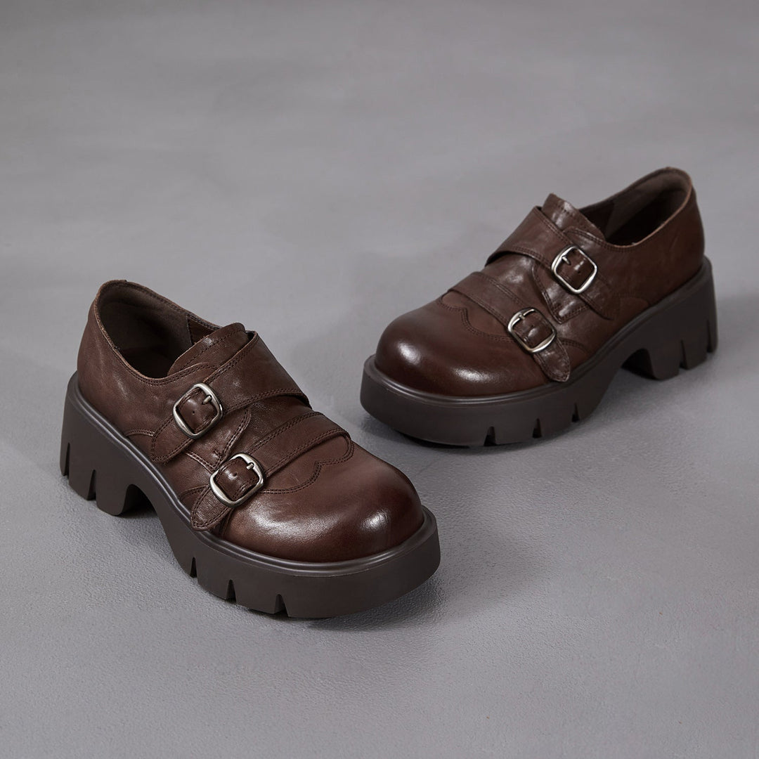 Women’s Retro Round Toe Derby Shoes – British Style Platform Loafers with Buckle