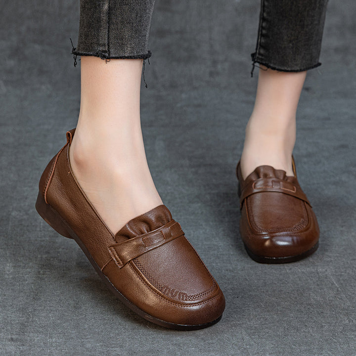 Women's Genuine Leather Penny Loafers Round Toe Slip On Flat Shoes Soft Sole