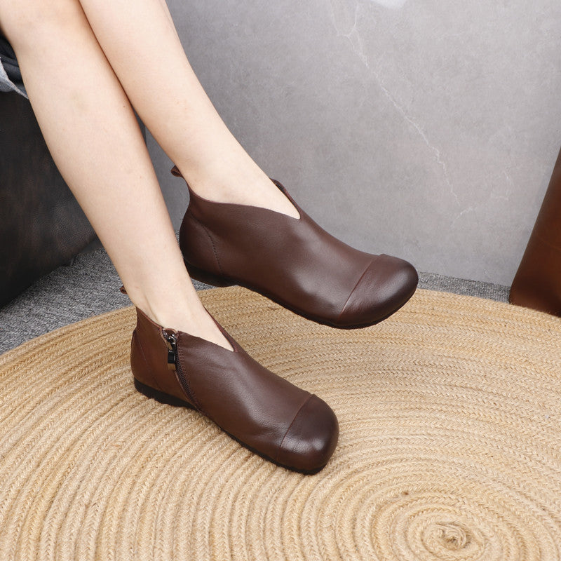 Women's Genuine Leather Ankle Boots Side Zipper V-Cut Flat Booties Casual Walking Shoes