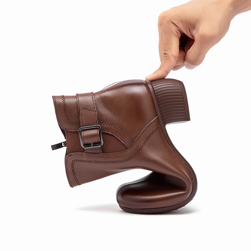 Women’s Leather Retro Ankle Boots – Mid Block Heel Buckle Detail Shoes
