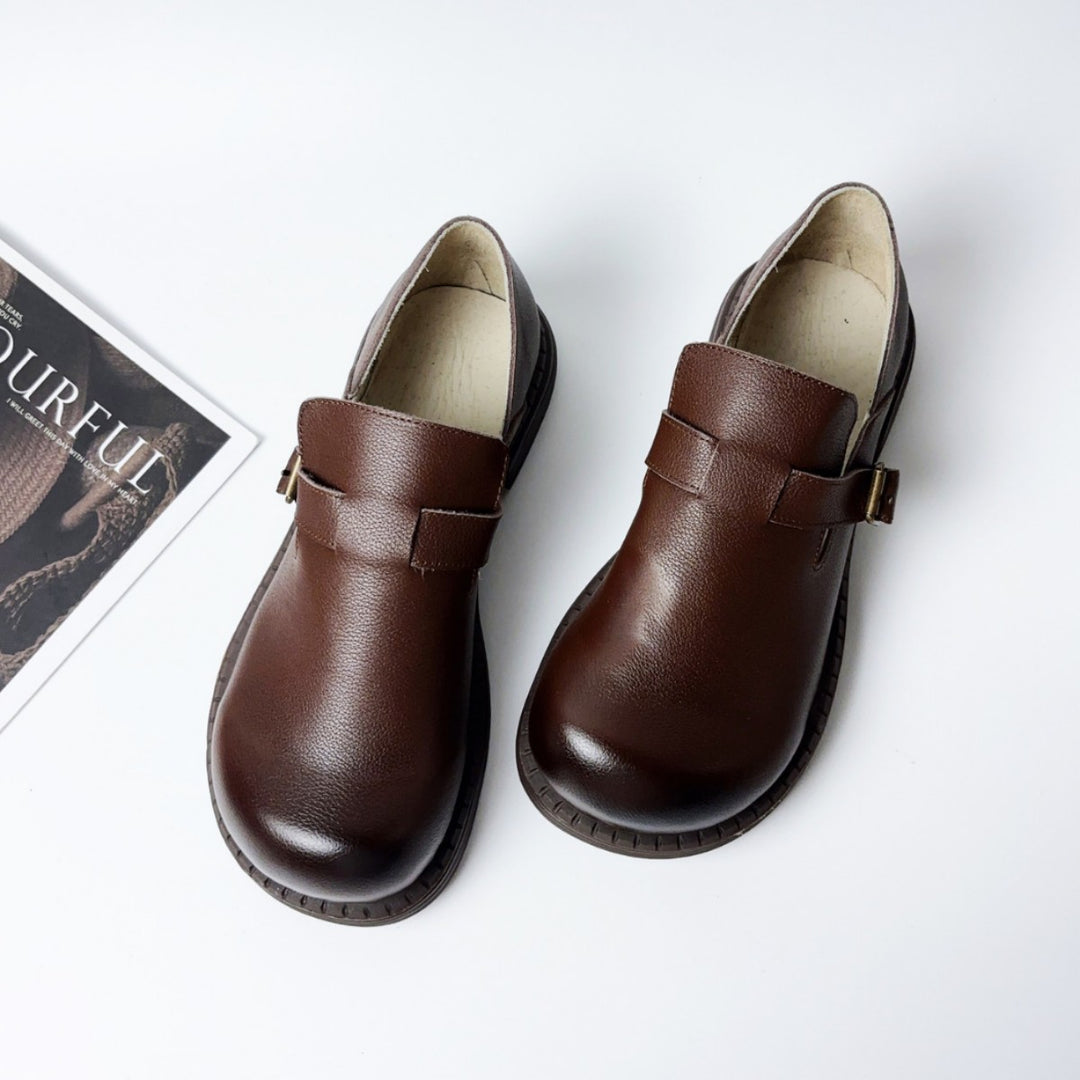 Women's Retro Top-Grain Leather Loafers Slip On Buckle Strap Casual Shoes
