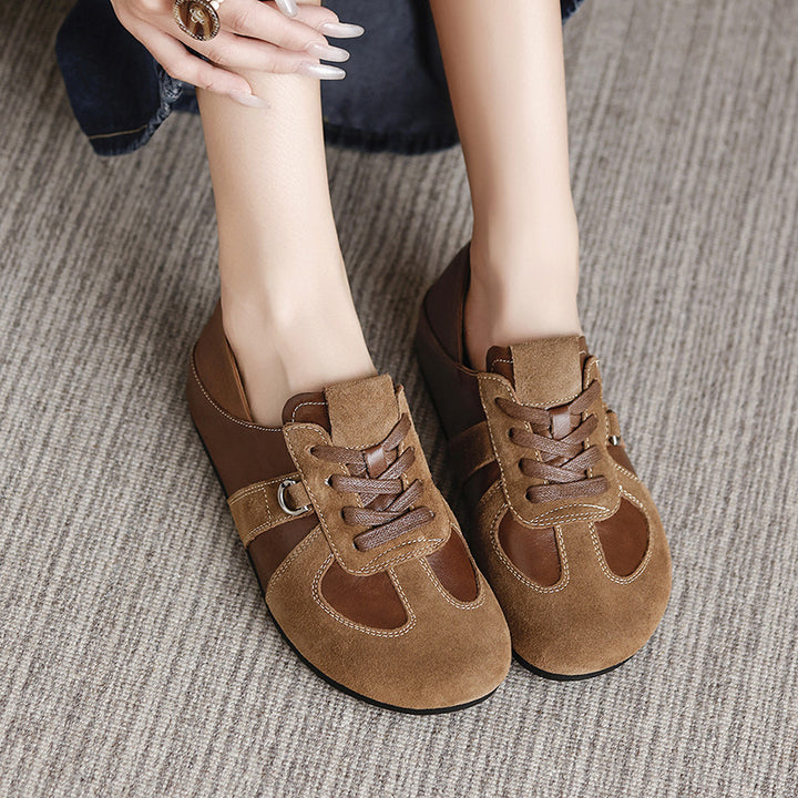 Women's Sheepskin Suede Patchwork Hidden Wedge Sneakers Lace Up Retro Casual Shoes