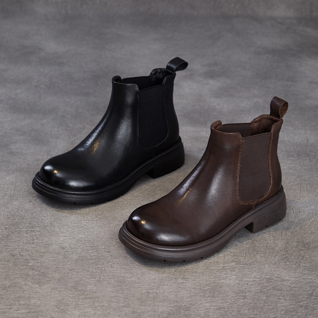Women's Genuine Leather Chelsea Ankle Boots Vintage Slip-on Low Heel Winter Shoes