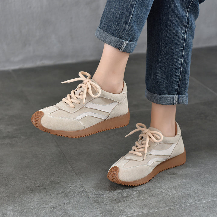 Women’s Spring Retro Leather Trainers – Soft Sole Lace-Up Casual Sneakers