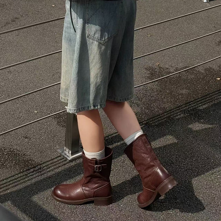 Women's Horsehide Mid Calf Engineer Boots Vintage Buckle Slip On Chunky Heel Booties