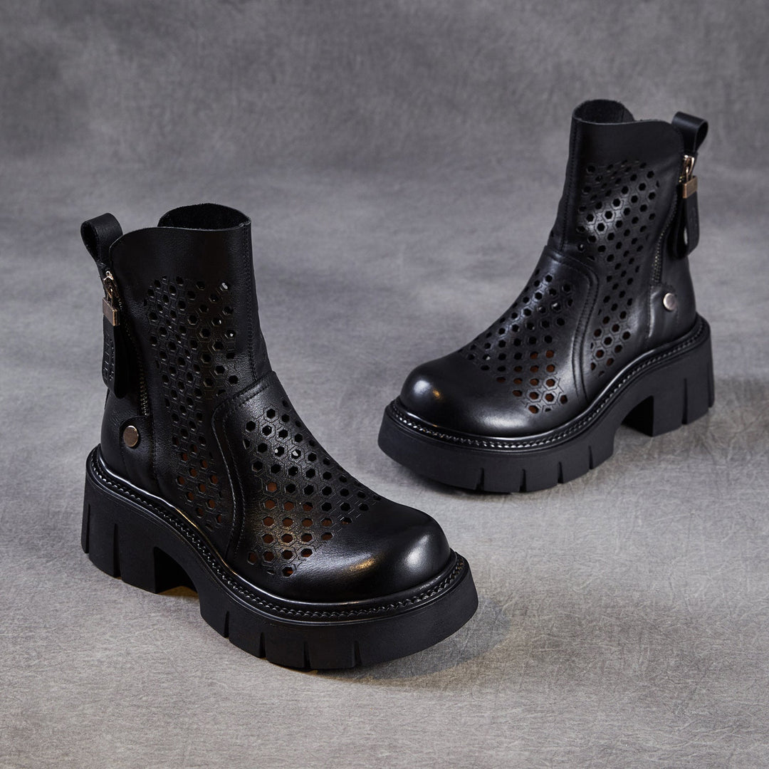 Women’s Retro Leather Cut-Out Ankle Boots – Summer Chunky Block Heel Zip Boots