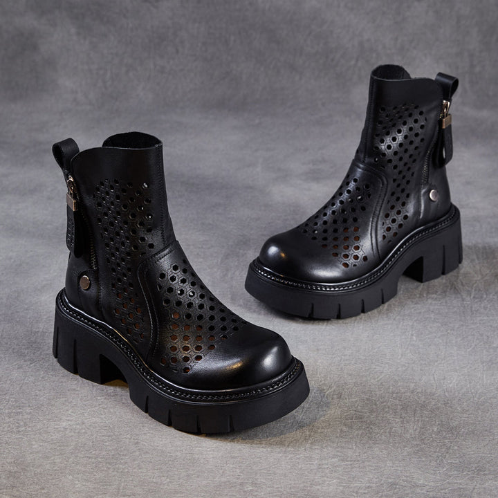 Women’s Retro Leather Cut-Out Ankle Boots – Summer Chunky Block Heel Zip Boots