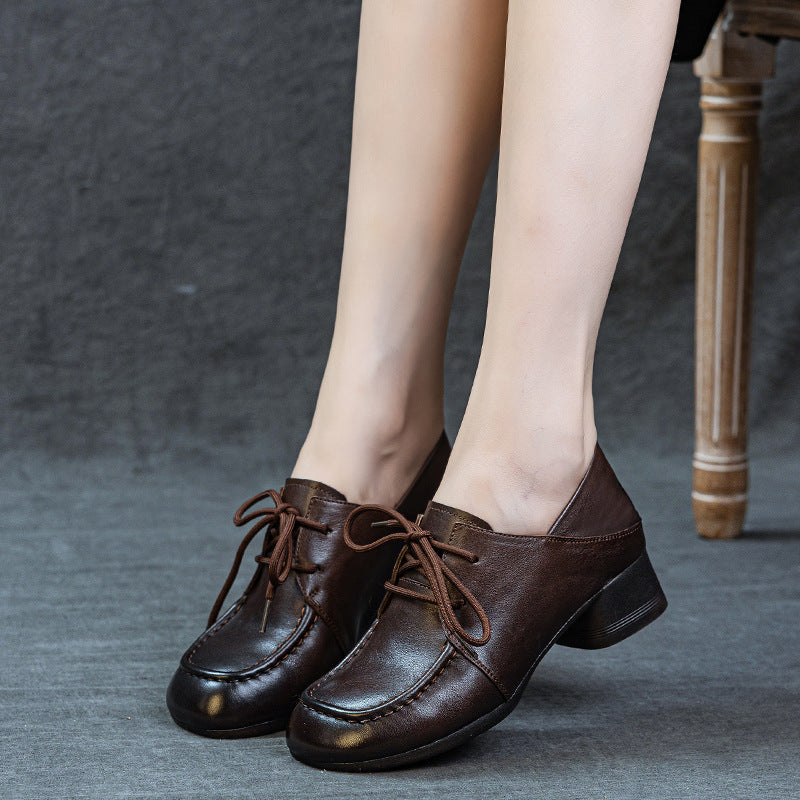 Women's Leather Pumps - Square Round Toe Lace-Up Low Block Chunky Heel Oxford Loafers