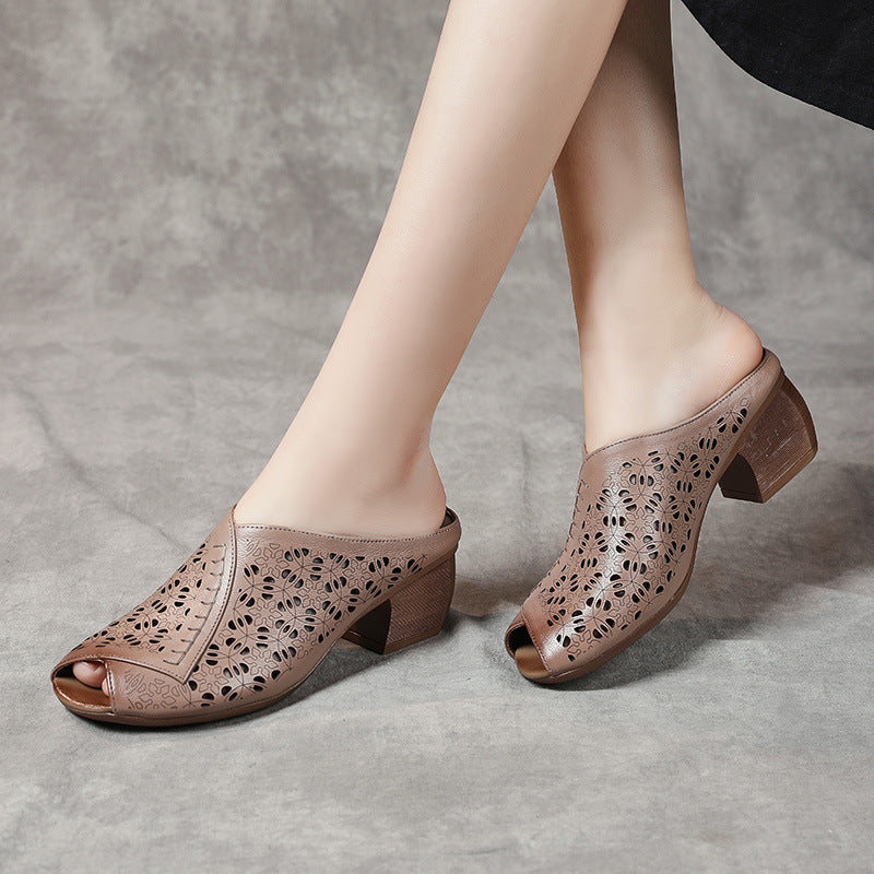 Women's Leather Mules - Hollow Out Floral Perforated Open Peep Toe Sandals Mid Block Chunky Heel Slides