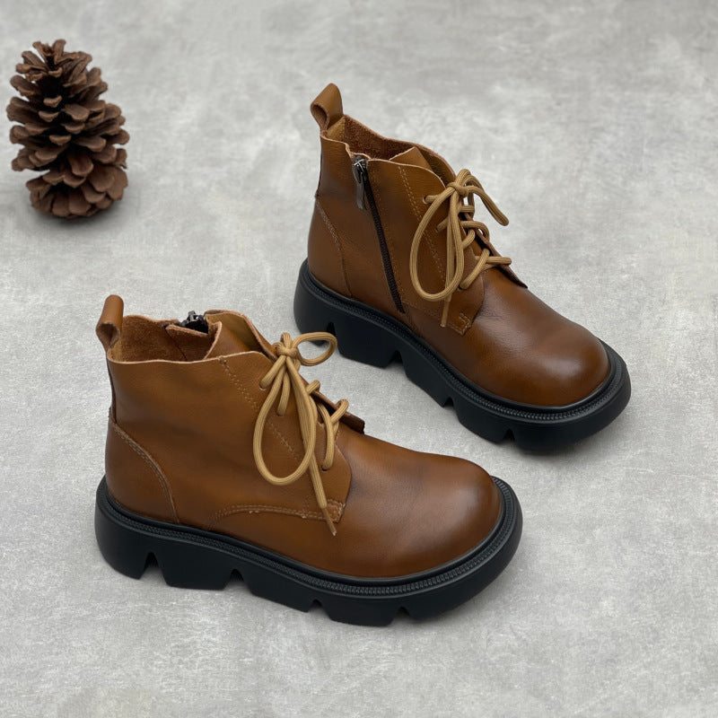 Women's Vintage Leather Platform Ankle Boots – Lace-Up Zipper Style
