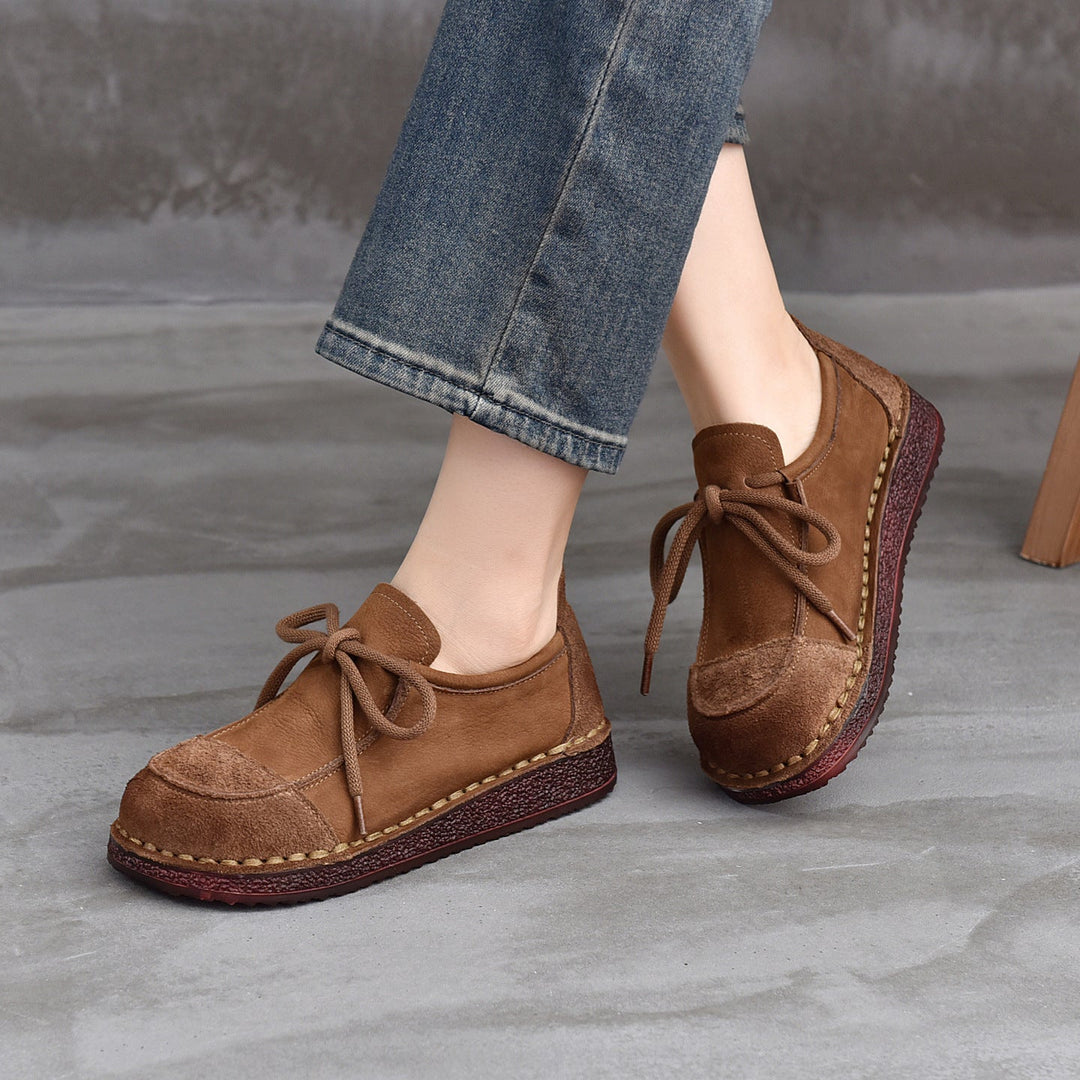 Women's Leather Lace-Up Flat Shoes – Comfortable Patchwork Casual Style