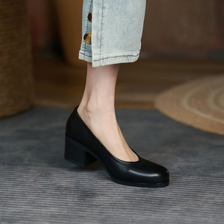 Women's Black Leather Pumps - Low Heel for Office & Business