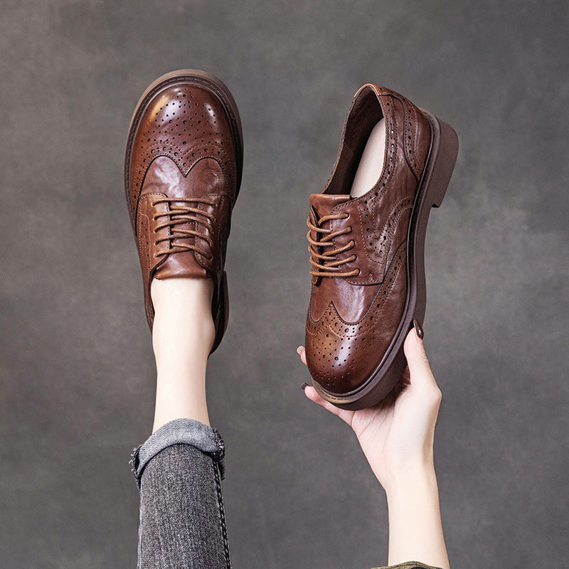 British Style Women's Wingtip Oxfords - Leather Lace-up Flats with Brogue Detail