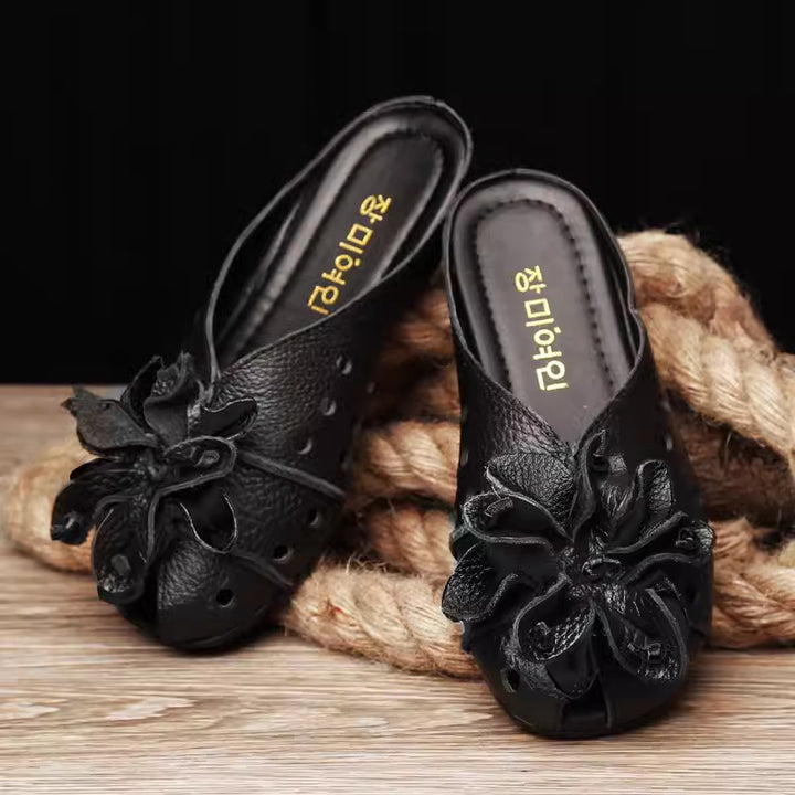 Women's Leather Mules - Retro Hollow Out Summer Sandals with Floral Detail, Slip-on Round Toe Flat Shoes
