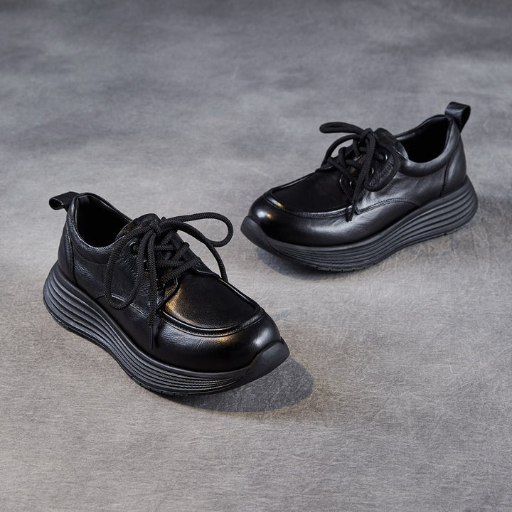 Women’s Leather Lace-Up Platform Wedge Shoes – Retro Non-Slip Casual Style