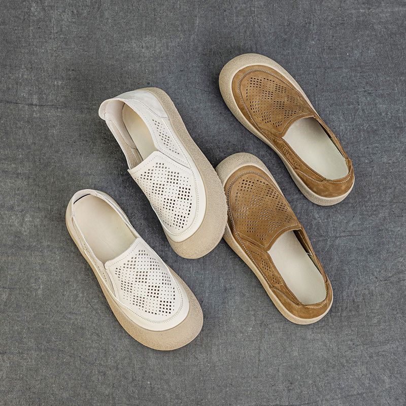Womens Summer Perforated Leather Slip-on Loafers Breathable Platform Casual Walking Shoes